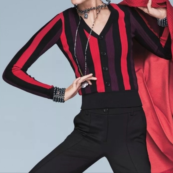 CAbi Royal Colorblock Striped Button Front Rib Knit Pullover Sweater SZ Medium - Picture 15 of 15